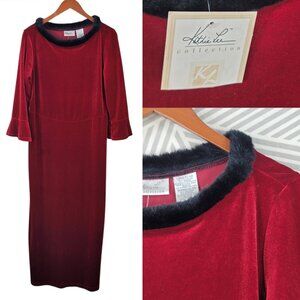 NEW Vintage Velvet Dress size Large Red Fuax Fur Collar Long Holiday Christmas